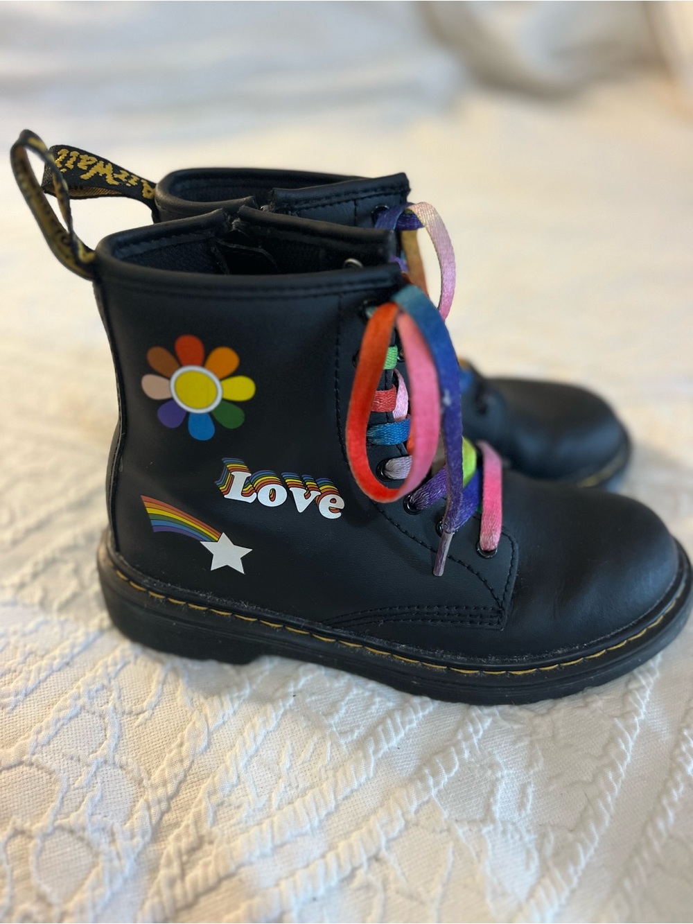 Dr. Martens Black Kids Lace-Up Boots with Rainbow Laces & Flower Patch